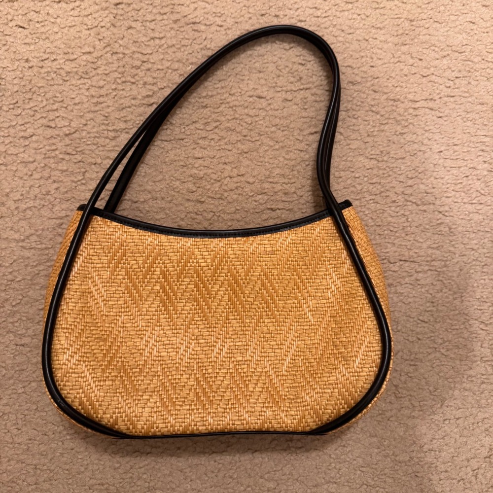 Woven Straw Shoulder Bag Black Trim Minimalist Coastal Chic Summer